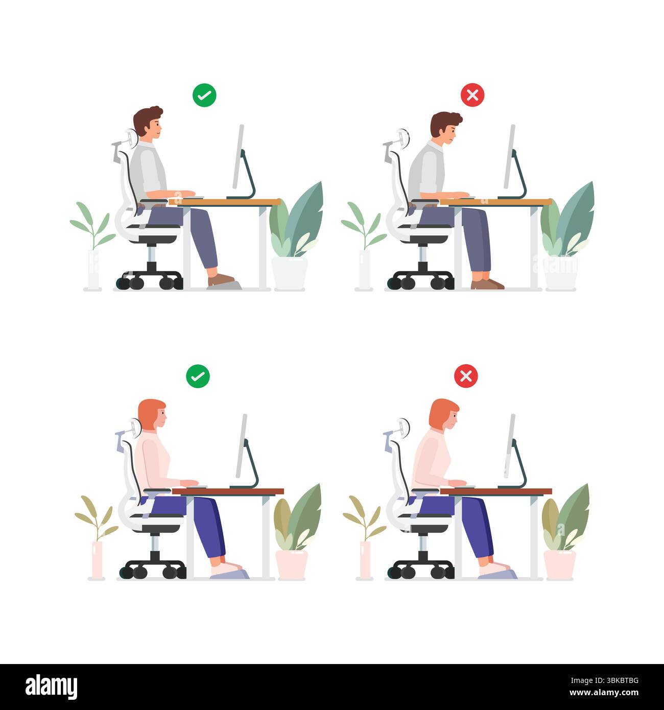 Posizione buona e postura errata per sedersi alla scrivania del computer. Illustrazione vettoriale Illustrazione Vettoriale