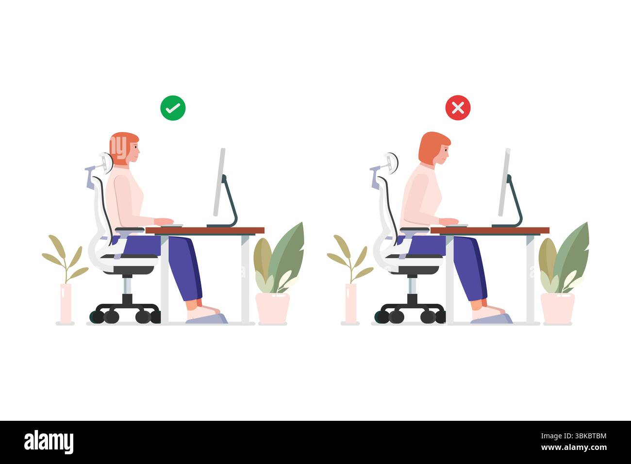 Posizione buona e postura errata per sedersi alla scrivania del computer. Illustrazione vettoriale Illustrazione Vettoriale