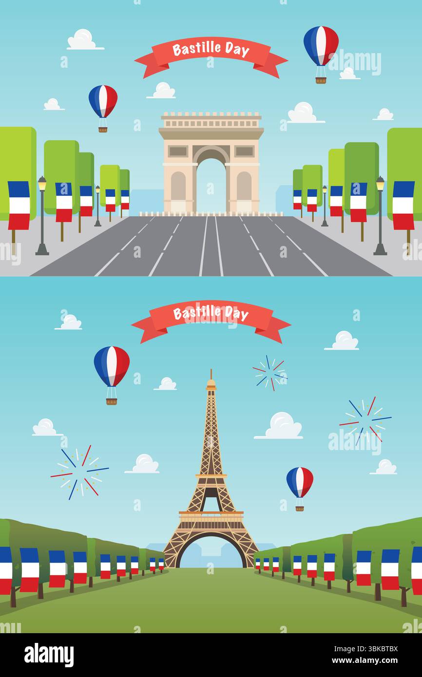 Festa della Bastiglia all'Arco di Trionfo e alla Torre Eiffel a Parigi. Illustrazione vettoriale. Illustrazione Vettoriale