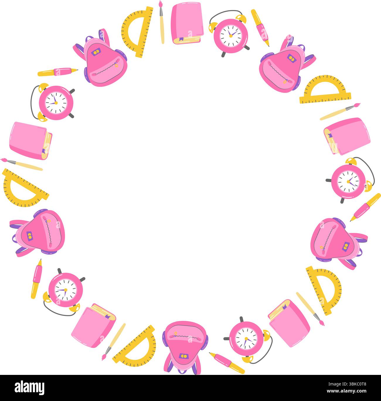 Una corona divertente e colorata di ritorno alla scuola con forniture scolastiche, zaini, orologi, libri, governanti, e matite, perfette per i disegni di ritorno a scuola Illustrazione Vettoriale