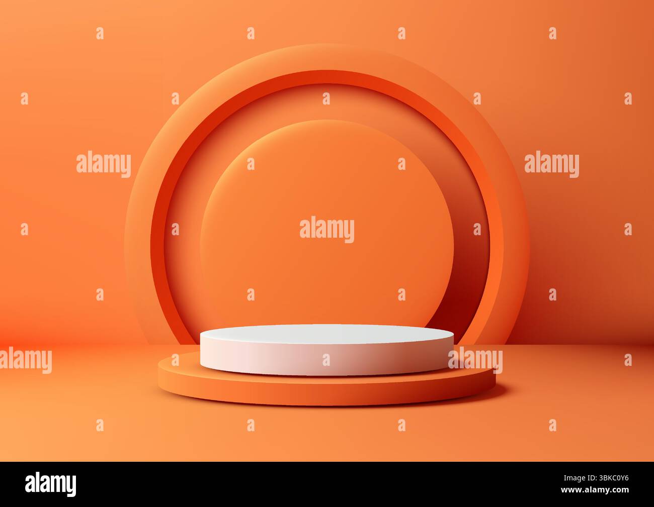 Il prodotto 3d minimalista presenta una piattaforma rotonda bianca 3D su una base arancione testurizzata con cerchi concentrici, mockup moderni, branding e pubblicità Illustrazione Vettoriale