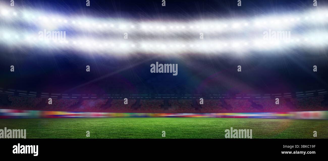 Il campo da prato si illumina sotto i riflettori, le tavole a LED e gli stand dello stadio in uno spazio di testo dal design piatto Foto Stock