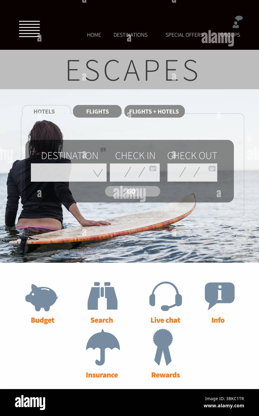 La surfista adulta si siede sulla tavola da surf arancione in un oceano dal design piatto con modulo di prenotazione sovrapposto Foto Stock