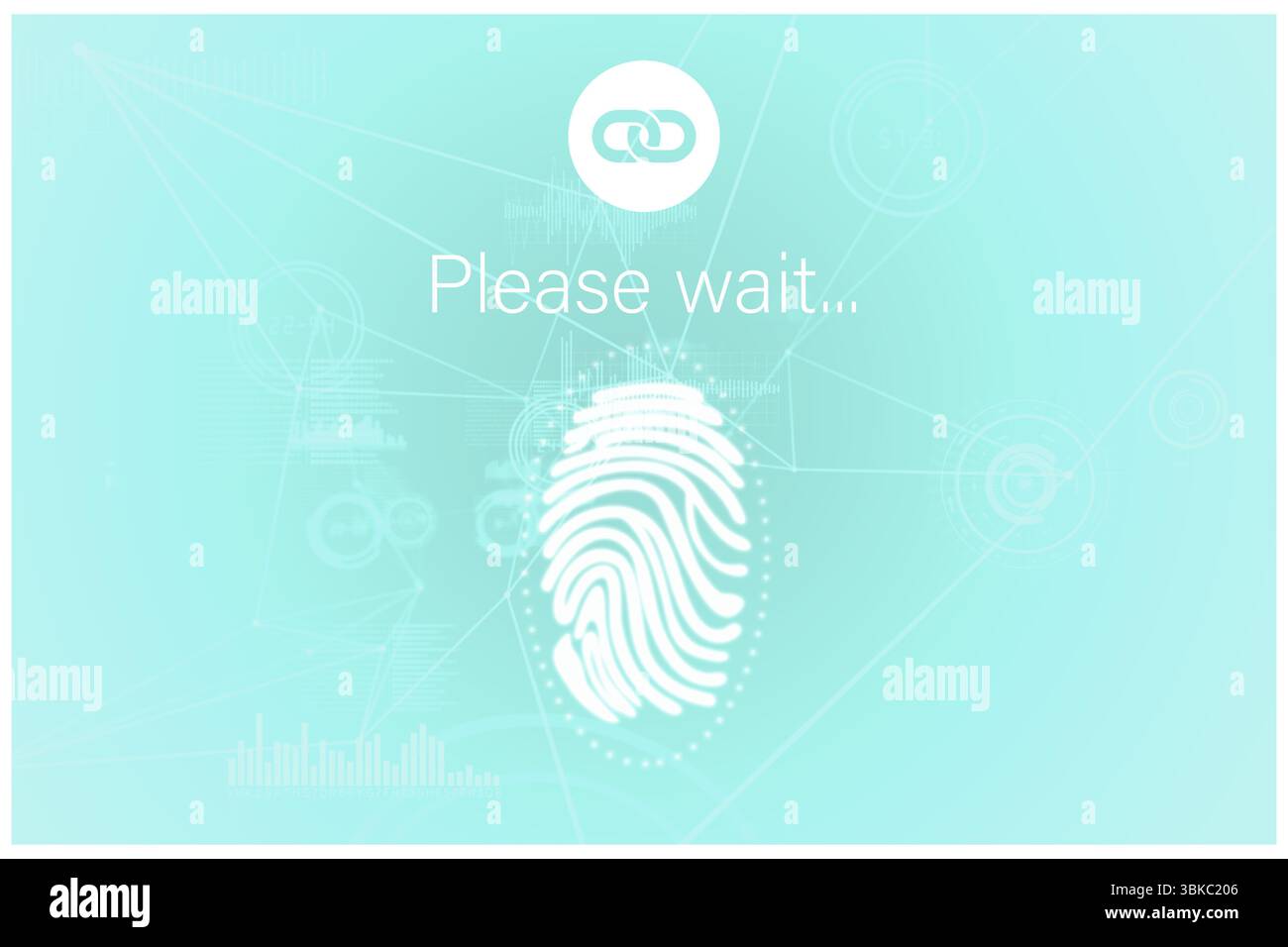 Il caricatore di impronte digitali con design piatto è visualizzato. Attendere il testo sulla pendenza verde acqua con l'icona a catena Foto Stock