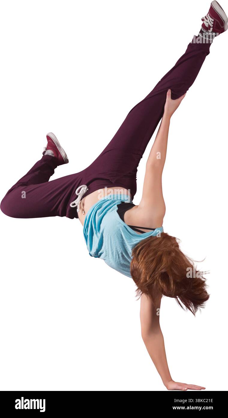 Ballerina d'arte vettoriale che esegue un supporto con un braccio su sfondo bianco, indossa sneakers Bordeaux e top blu Foto Stock