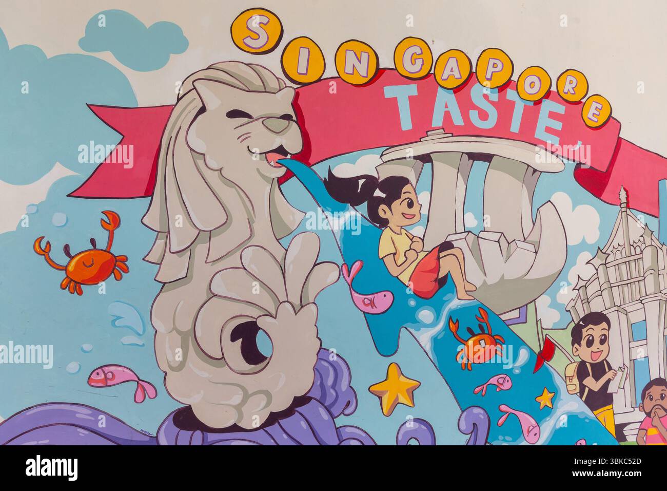 Murale colorato negli spazi pubblici. Singapore. Concetto di viaggio lifestyle per comprendere meglio i luoghi di interesse e la società della città. Foto Stock