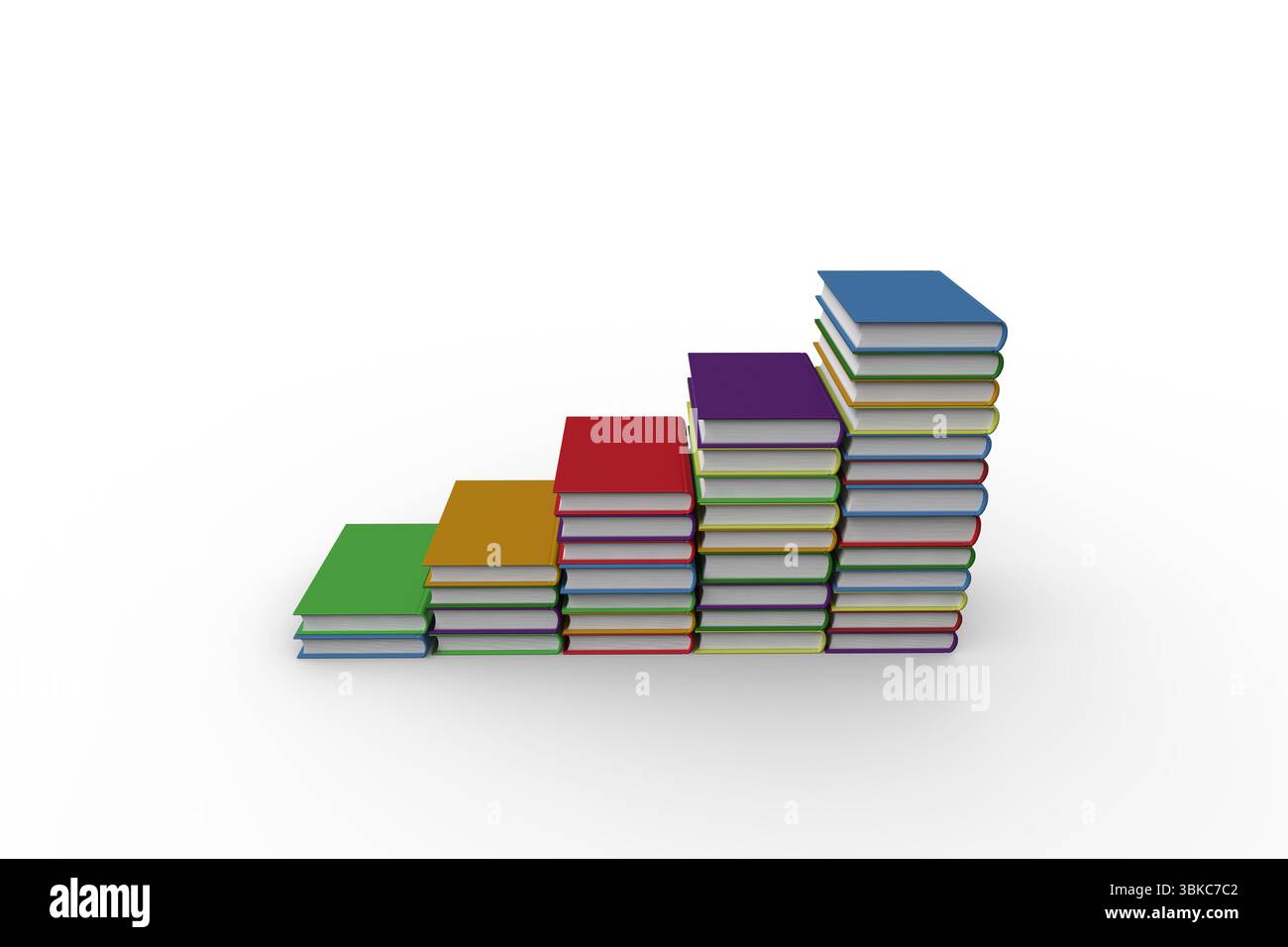 Sei pile colorate di libri con copertina rigida formano un grafico a barre in aumento con un design piatto su sfondo bianco Foto Stock