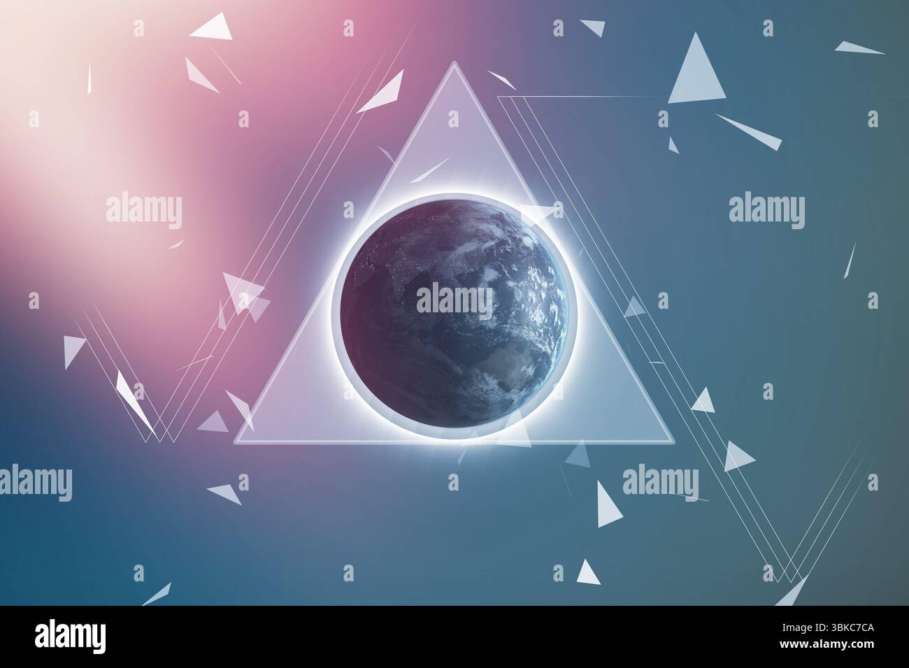 Immagine composita del pianeta Terra a forma di triangolo su sfondo colorato Foto Stock