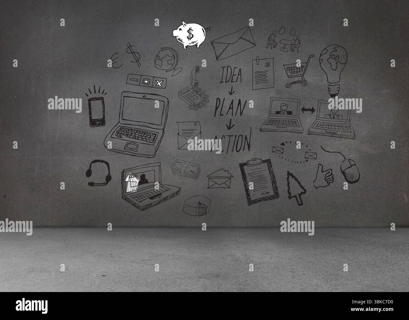 Bianco nero grafica sulla parete scura Foto Stock