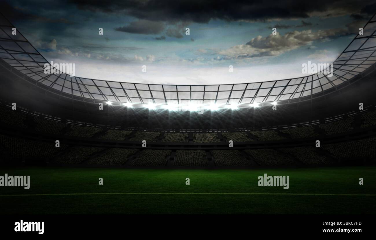 Il design piatto mostra gli interni vuoti dello stadio sportivo con campo in erba, gradini dei sedili e tetto curvo Foto Stock