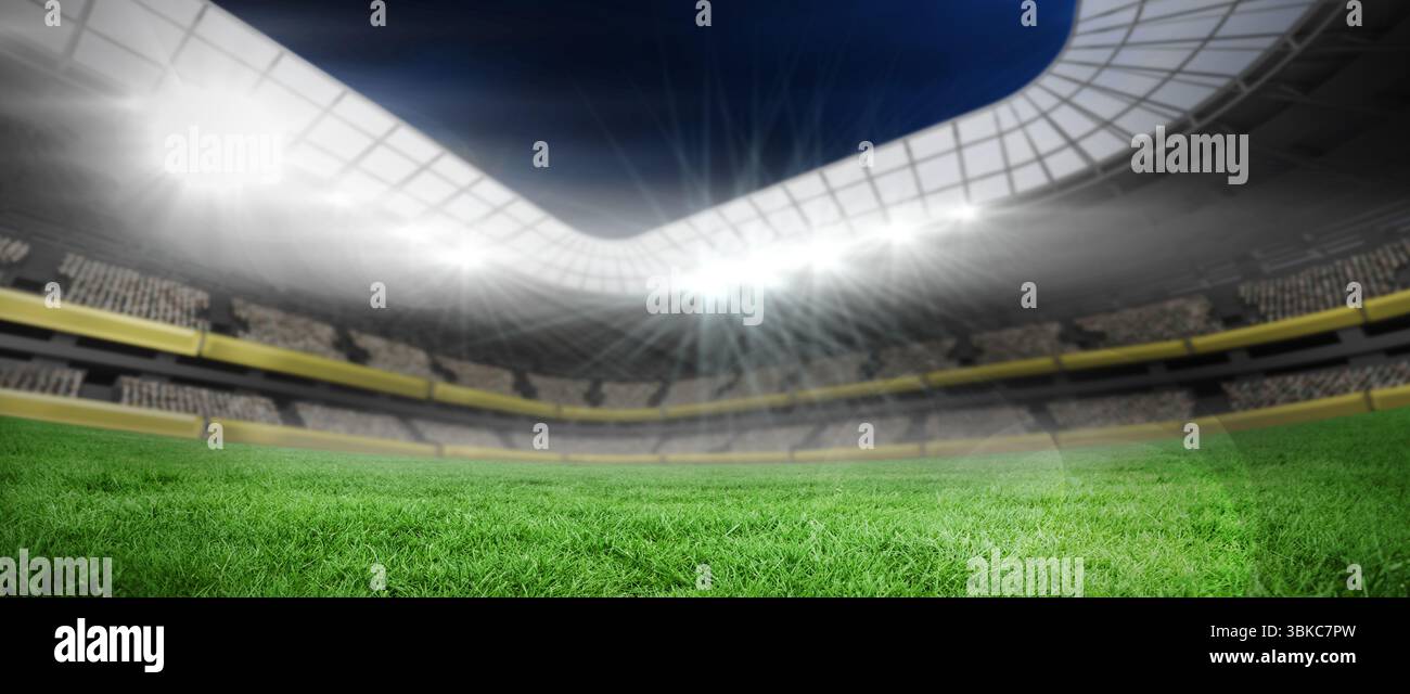 Mostra lo stadio piatto illuminando il campo verde con barre gialle proiettori pannelli del tetto curvi Foto Stock