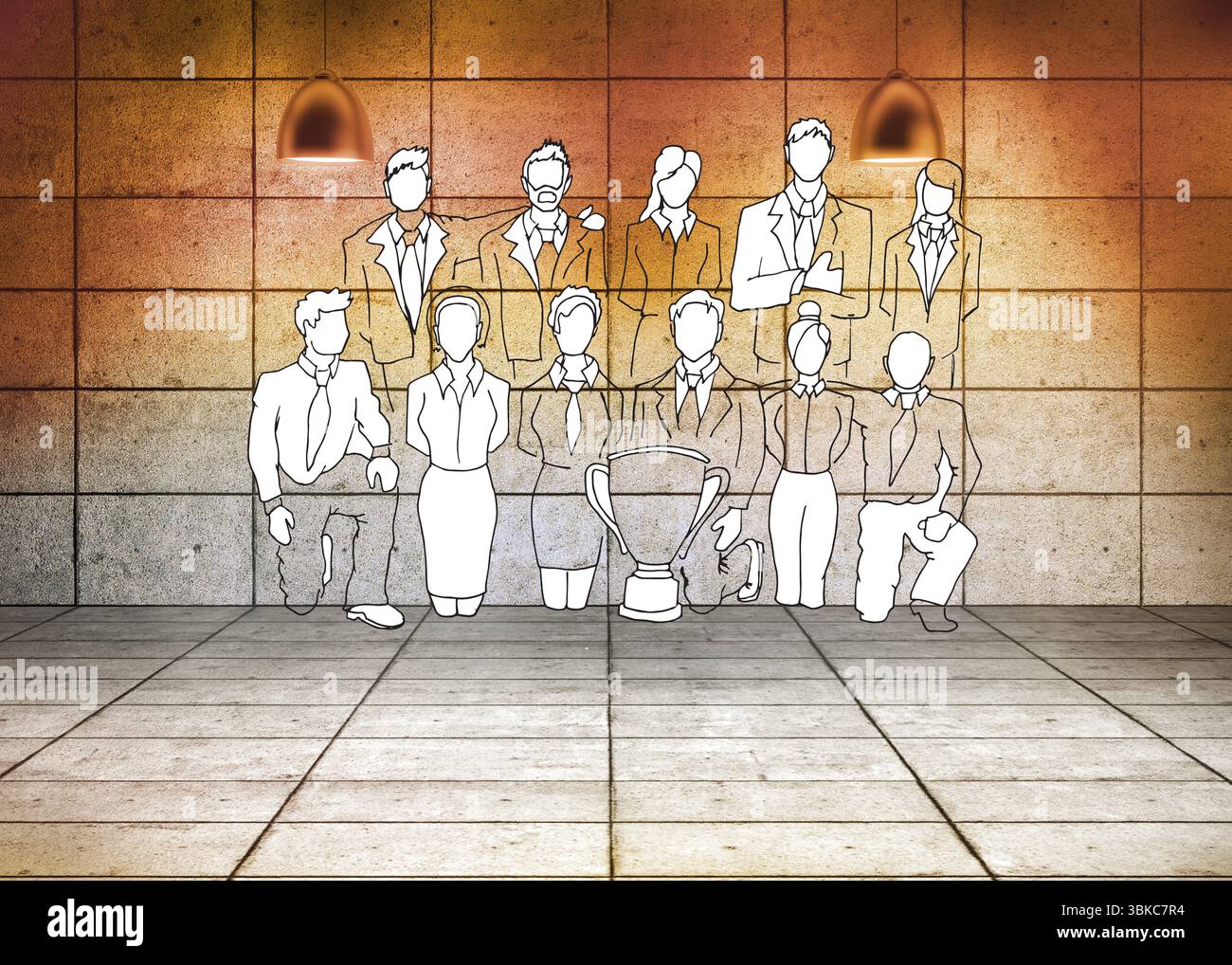 Il team di professionisti si distingue per lo stile line-art con lampade a sospensione e trofei e griglia in mattonelle di cemento Foto Stock