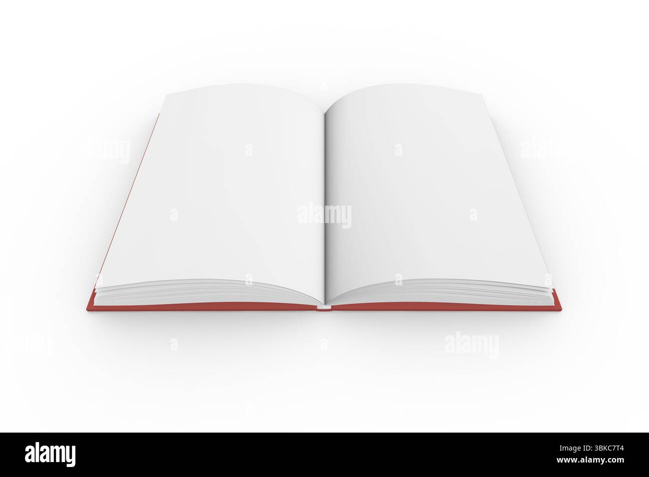 Il libro con copertina rigida rossa è aperto con un design piatto su sfondo bianco senza cuciture e pagine che fuoriescono Foto Stock