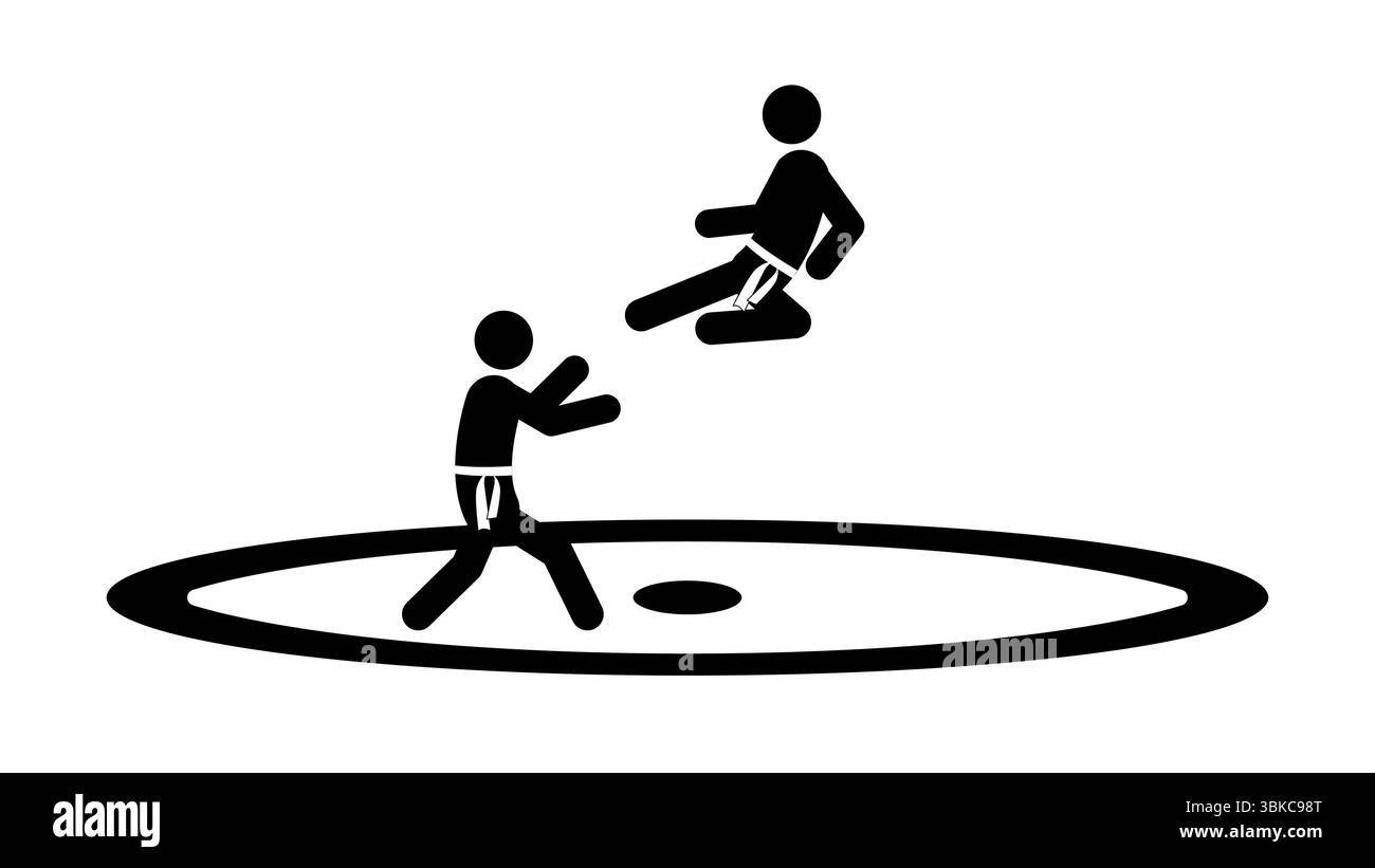 Set di personaggi a levetta, arte marziale karate, silhouette nere su sfondo bianco, illustrazione vettoriale piatta. Illustrazione Vettoriale