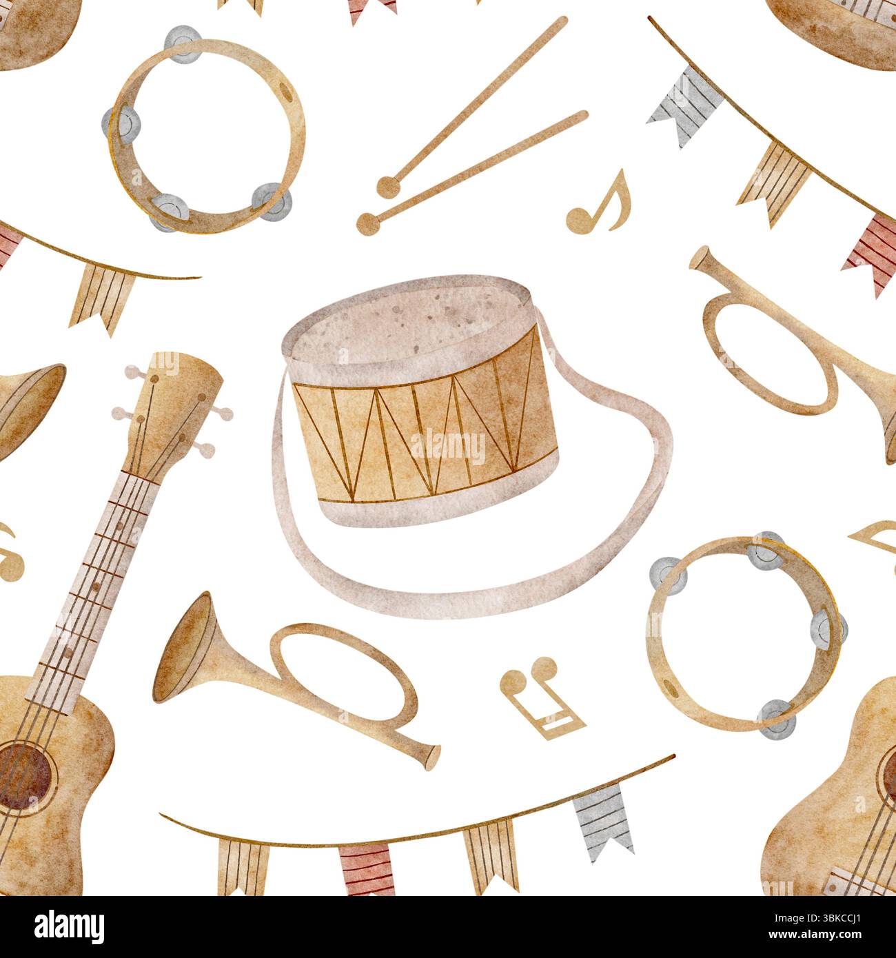 Strumenti musicali motivo acquerello, chitarra, batteria, tromba, note. Illustrazione disegnata a mano. Stampa senza cuciture in stile per bambini su un design di sfondo Foto Stock