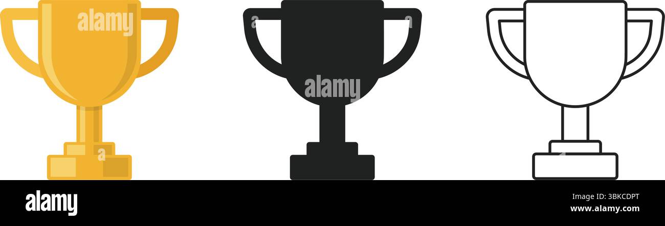 Set iconico Trophy Cup in stile piatto. Assegnare un'illustrazione vettoriale su sfondo isolato. Champion Sports Event firma il concetto di business. Illustrazione Vettoriale