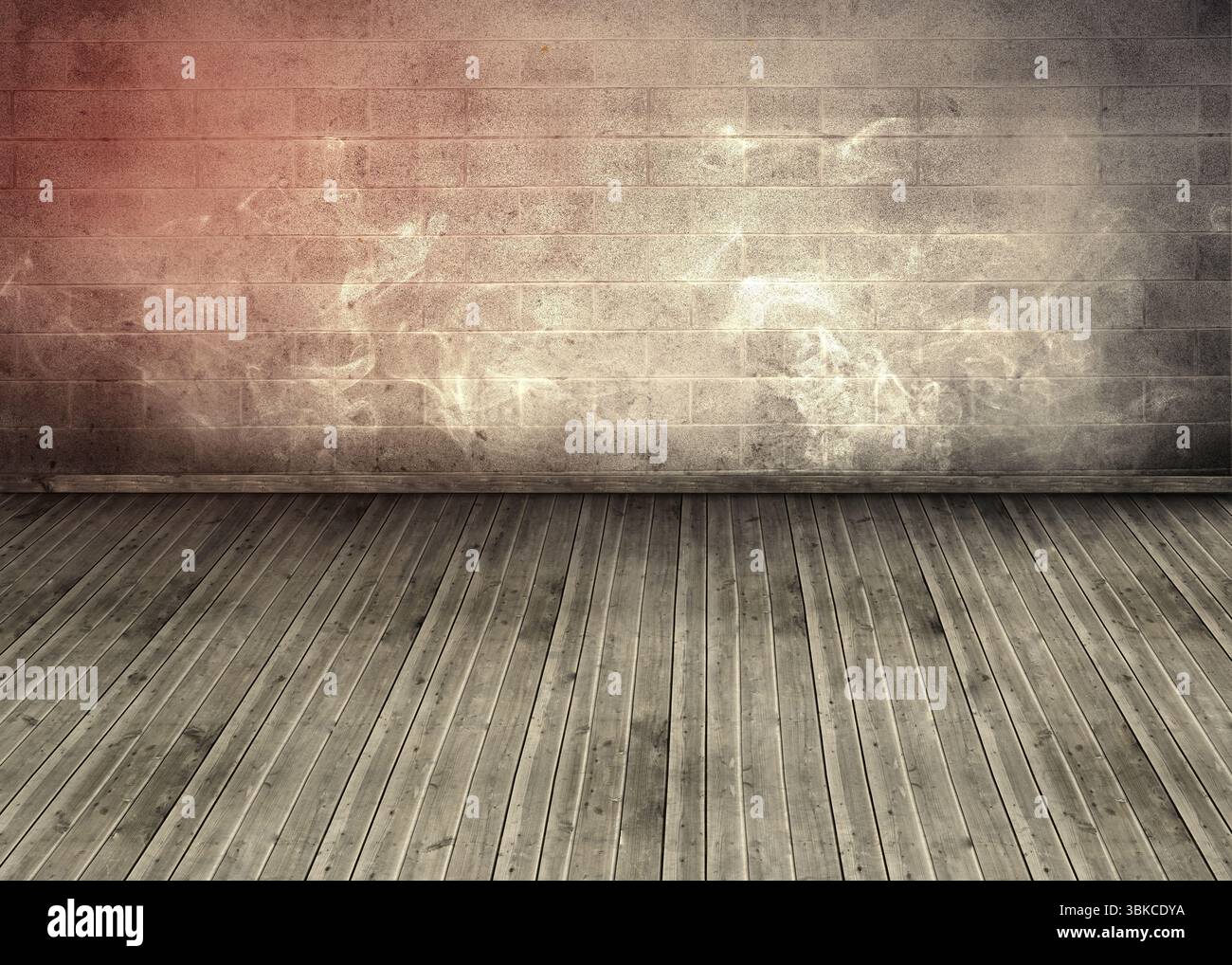 Gli interni vuoti dei monolocali loft sono mostrati in un design piatto, caratterizzato da pavimento in legno e pareti in mattoni Foto Stock