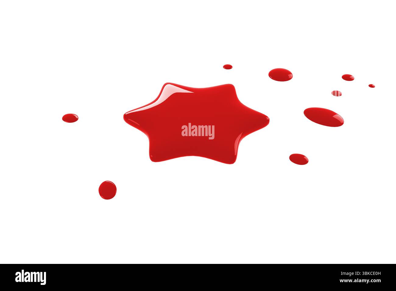 La piscina liquida a forma di stella rossa lucida si trova su una superficie bianca piatta in rendering 3D, con goccioline Foto Stock
