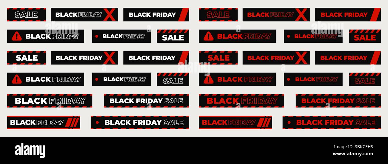 Collezione di etichette e banner in vendita per il Black Friday in grassetto, rosso e nero, perfetta per Web, stampa, prodotti digitali, social media, e-commerce Illustrazione Vettoriale