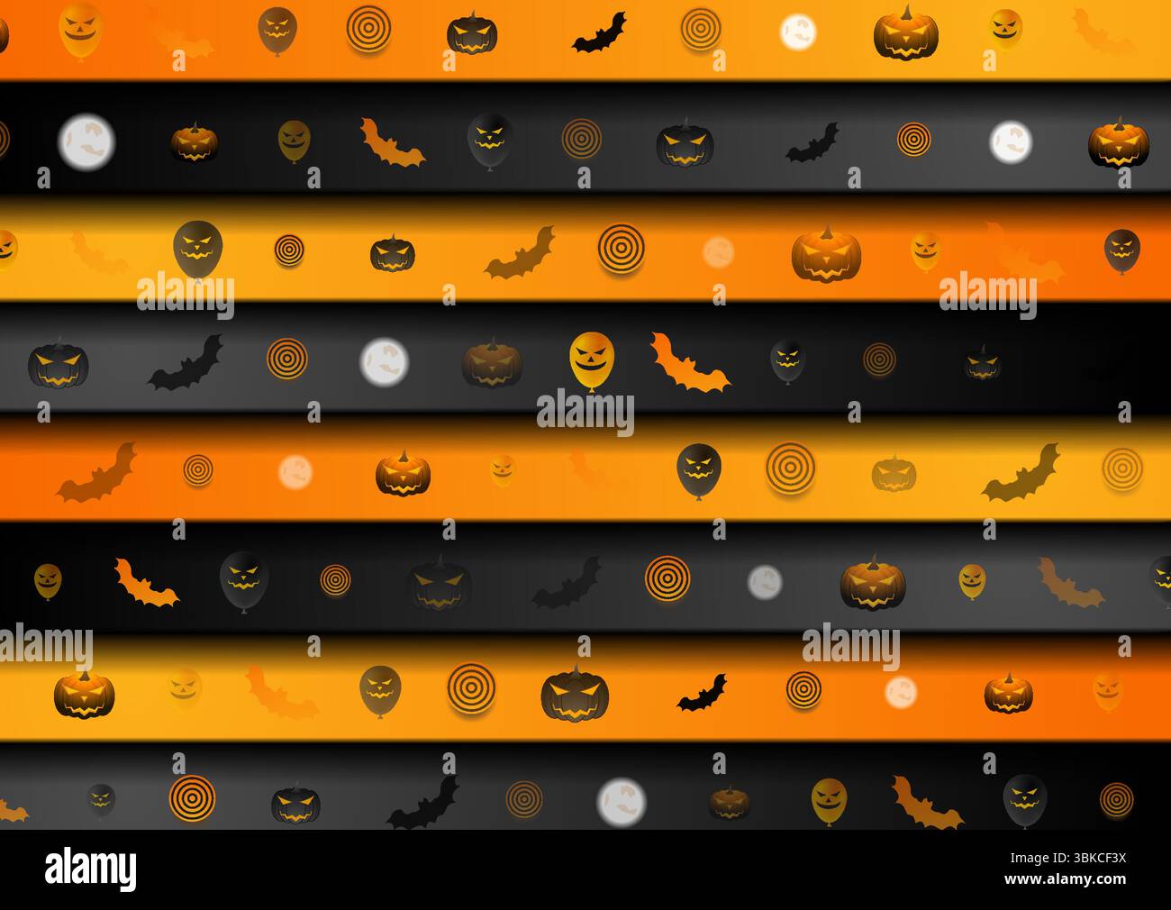 Simboli di Halloween su sfondo a righe nero e arancione. Zucca Jack-o-lanterna, luna piena, pipistrello e palloncini. Design vettoriale per biglietti d'auguri Illustrazione Vettoriale