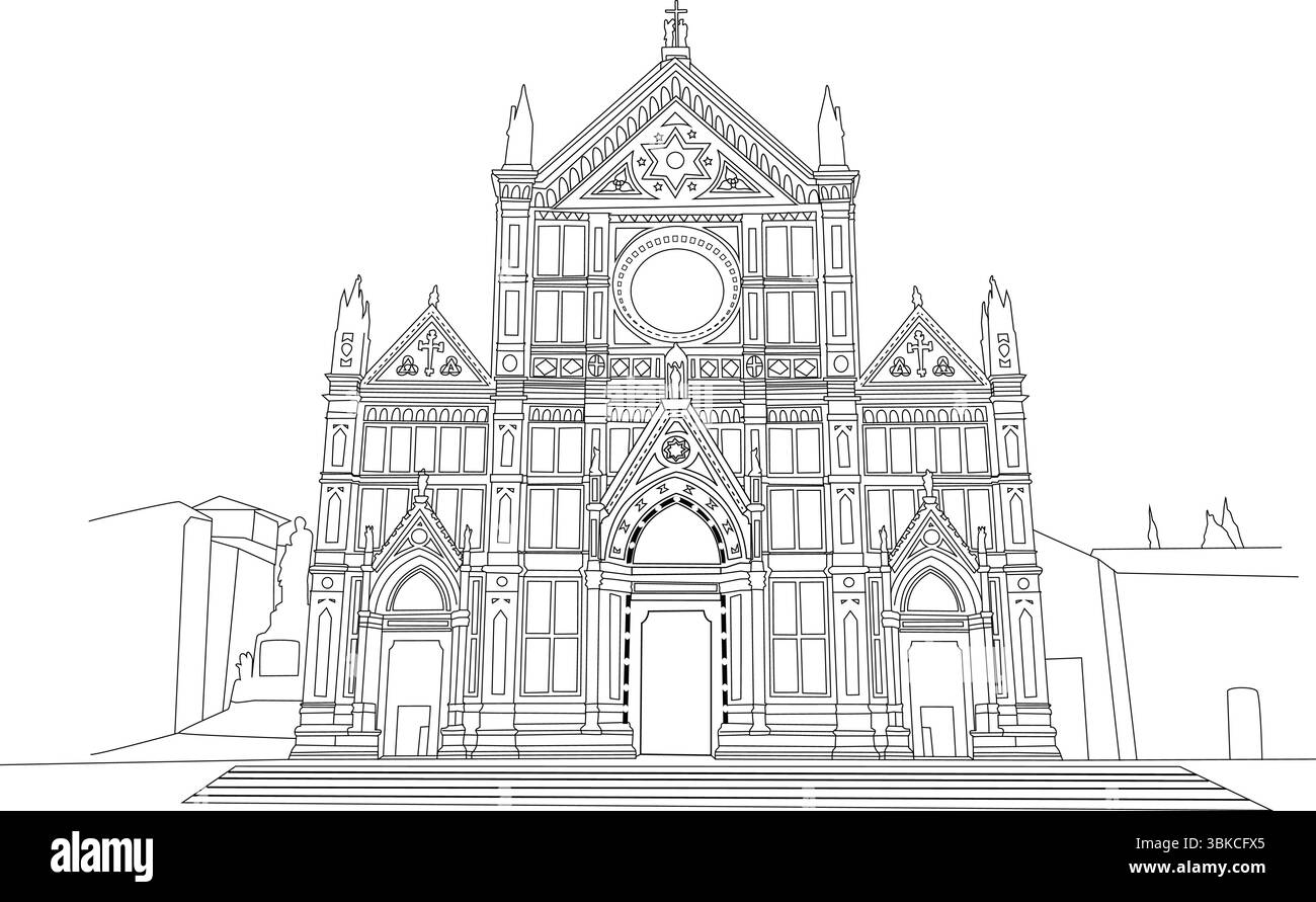 Semplice illustrazione in bianco e nero dell'iconica Basilica di Santa Croce a Firenze, Italia. Un famoso punto di riferimento e sito storico. Illustrazione Vettoriale