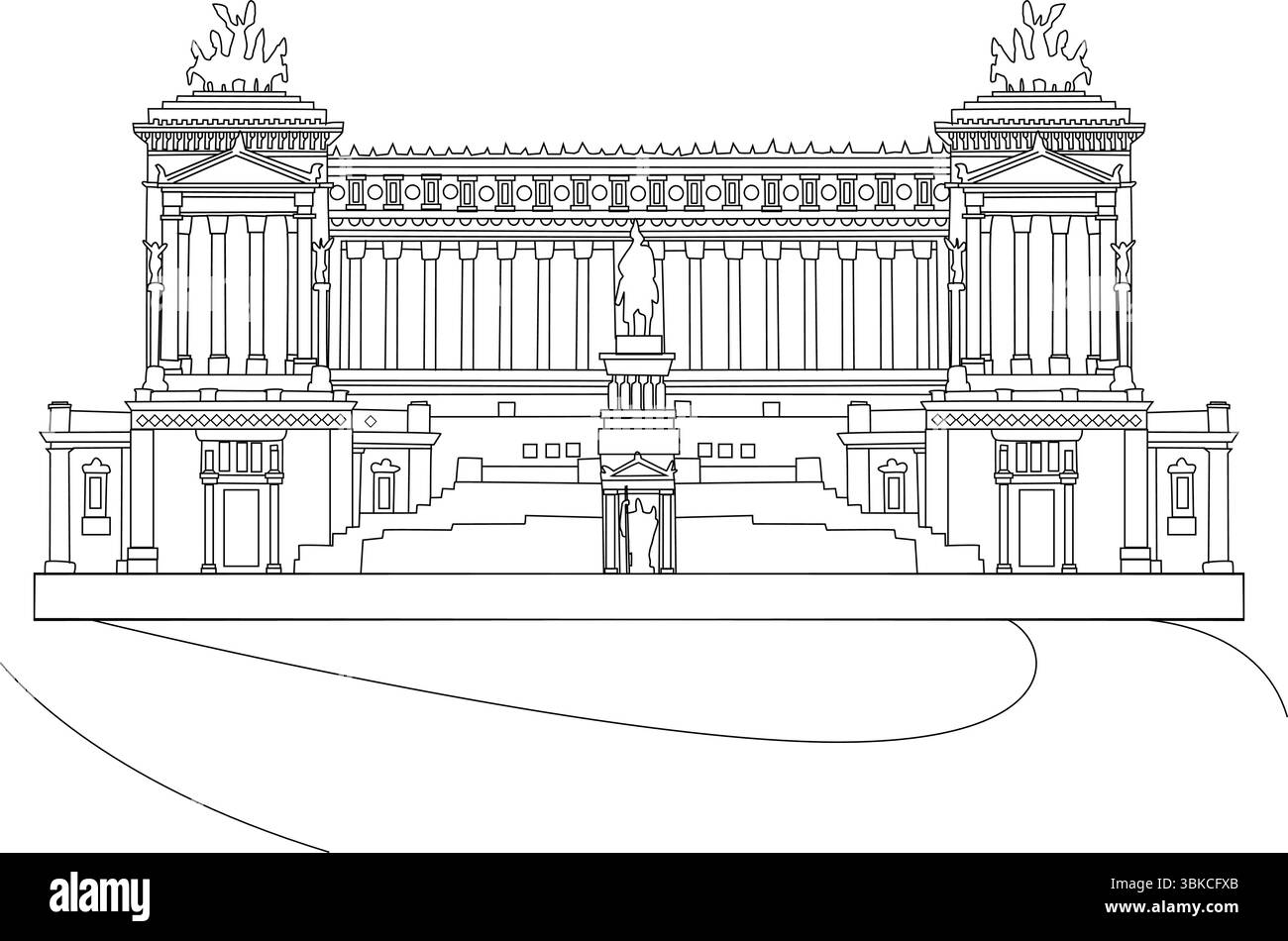 Linea bianca e nera che disegna l'altare della Patria, noto anche come il Vittoriano, un monumento a Roma. Illustrazione Vettoriale