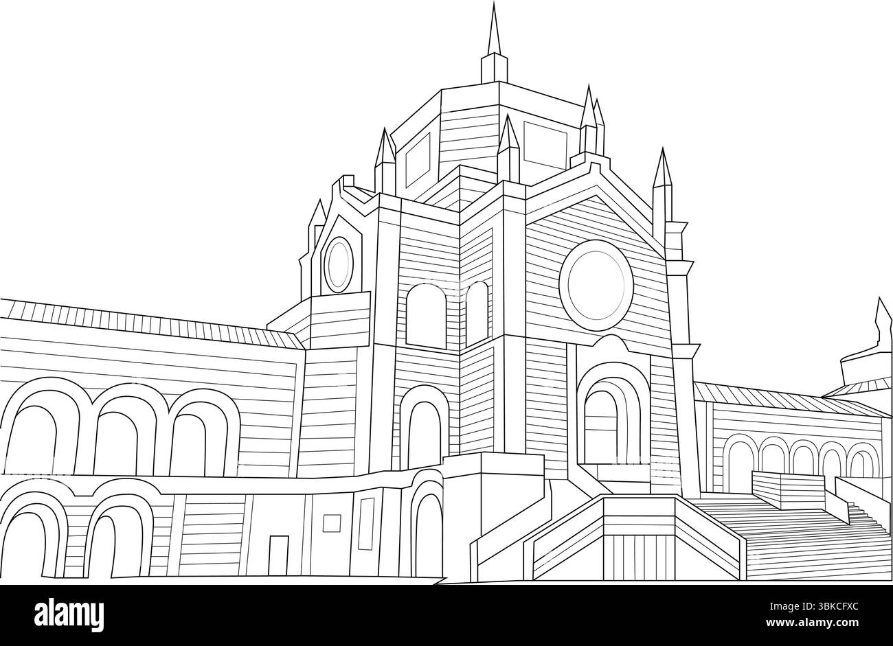 Illustrazione in linea della facciata e dell'ingresso del Cimitero Monumentale di Milano. Questo monumento storico è conosciuto per Illustrazione Vettoriale