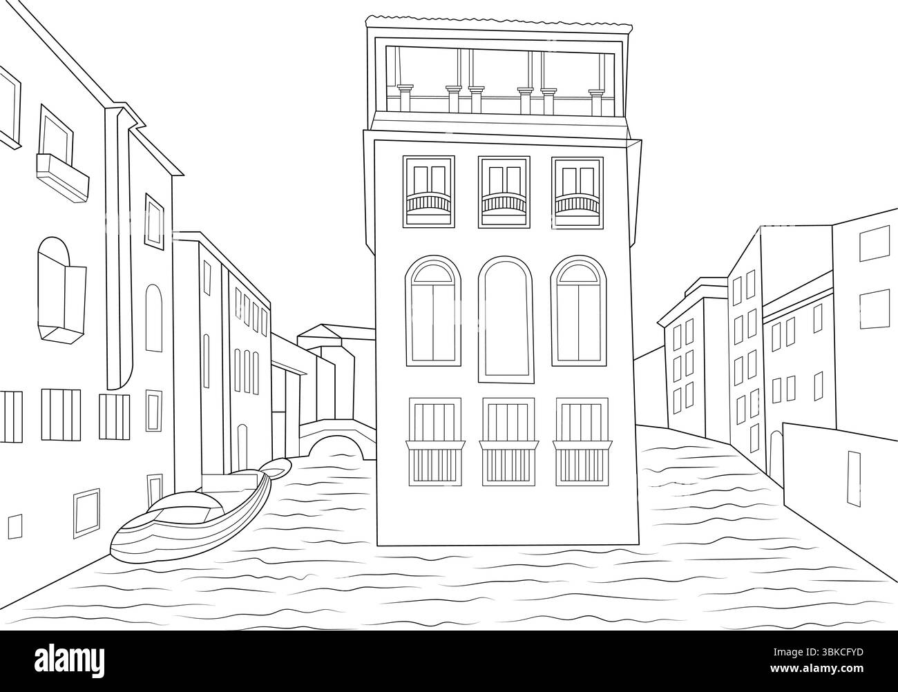 Linea in bianco e nero che disegna l'illustrazione del Canal grande a Venezia, Italia. Presenta una tradizionale architettura veneziana, un ponte e una barca sul Illustrazione Vettoriale