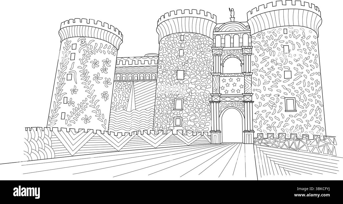 Dettagliata illustrazione in linea bianca e nera di Castel nuovo, la fortezza medievale di Napoli, Italia. Perfetto per colorare libri, progetti storici Illustrazione Vettoriale