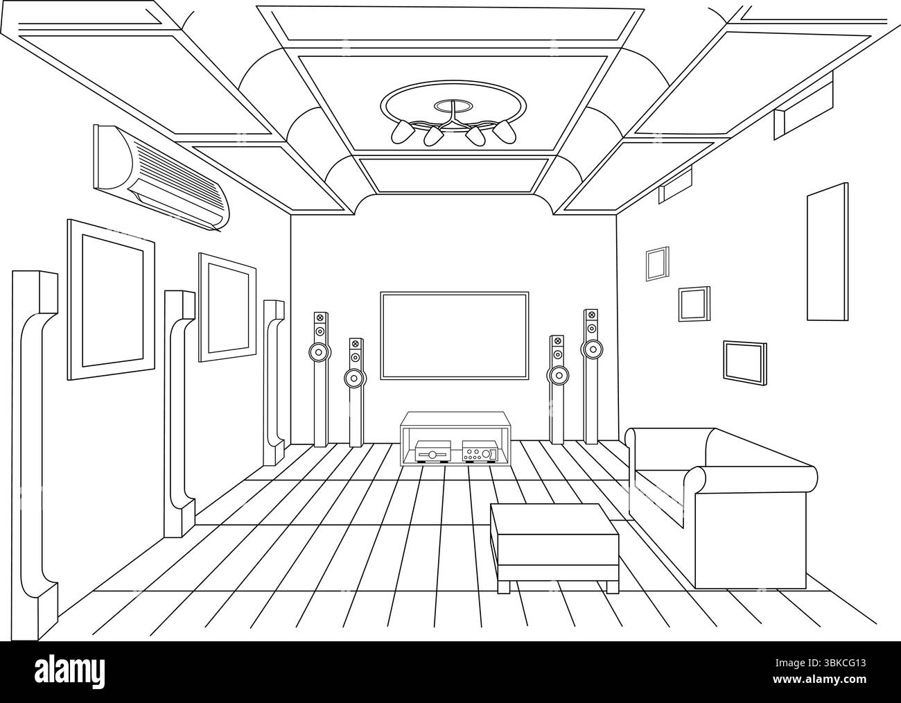 Illustrazione in bianco e nero che raffigura una comoda sala Home Theater. Le funzioni includono un grande schermo, altoparlanti audio surround e intrattenimento Illustrazione Vettoriale