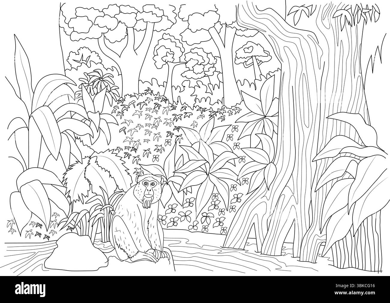 Linee bianche e nere perfette per colorare, raffiguranti una vivace scena nella giungla con una scimmia seduta su una roccia in riva all'acqua, circondata da alberi Illustrazione Vettoriale