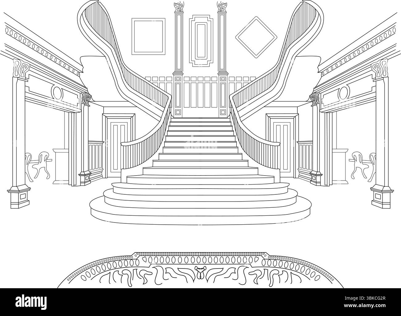 Linee dettagliate in bianco e nero di un lussuoso e grandioso spazio interno caratterizzato da un'ampia e ampia scala, colonne classiche e architettura Illustrazione Vettoriale