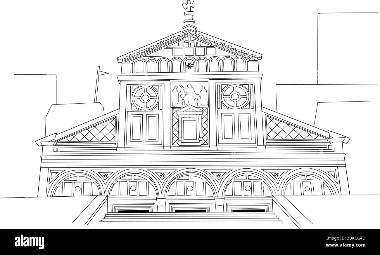 Linea bianca e nera che disegna l'illustrazione della facciata storica della Basilica di San Miniato al Monte a Firenze, un esempio di Ro Illustrazione Vettoriale