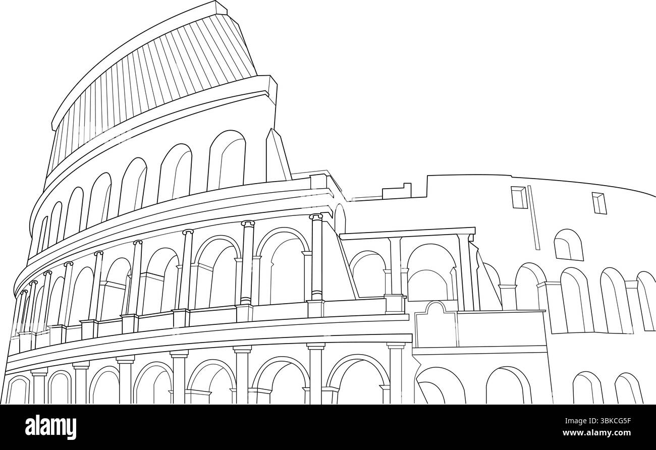 Semplice linea in bianco e nero che disegna l'antico Colosseo romano a Roma, Italia. Iconico punto di riferimento e storico anfiteatro Illustrazione Vettoriale