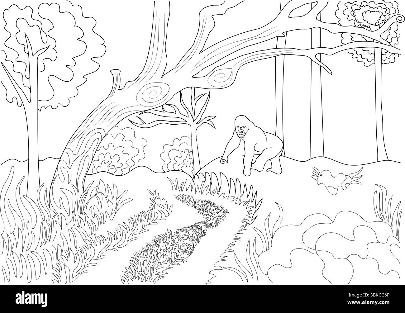 Disegno di linee in bianco e nero che illustra un gorilla in piedi su un sentiero all'interno di un paesaggio dettagliato della giungla. Presenta vegetazione lussureggiante, alberi e un tortuoso Illustrazione Vettoriale