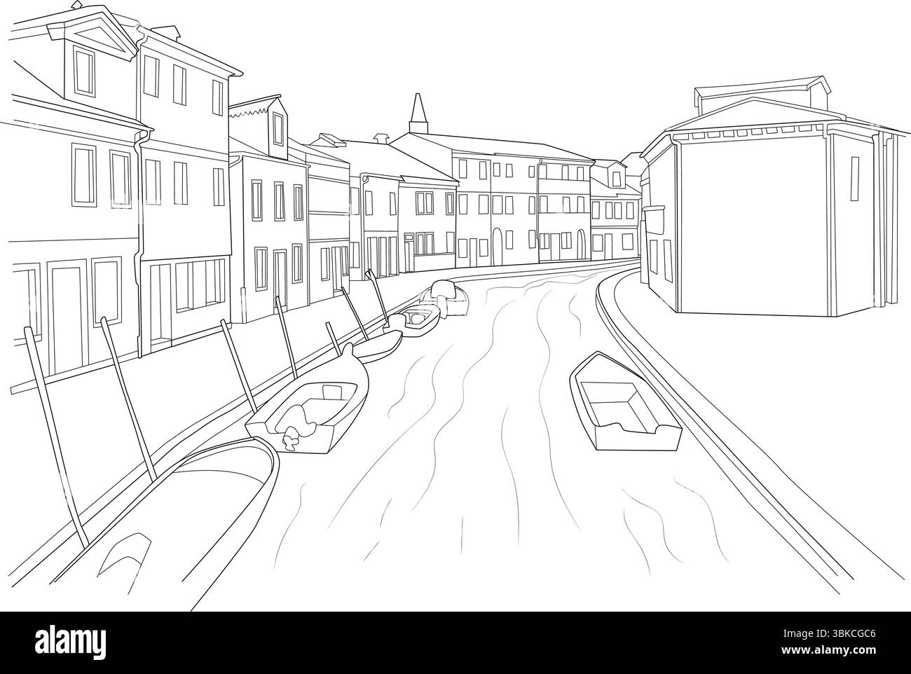 Disegno in linea in bianco e nero che raffigura una scena del canale sull'isola di Burano, vicino a Venezia. Presenta edifici tradizionali che costeggiano il fiume Illustrazione Vettoriale