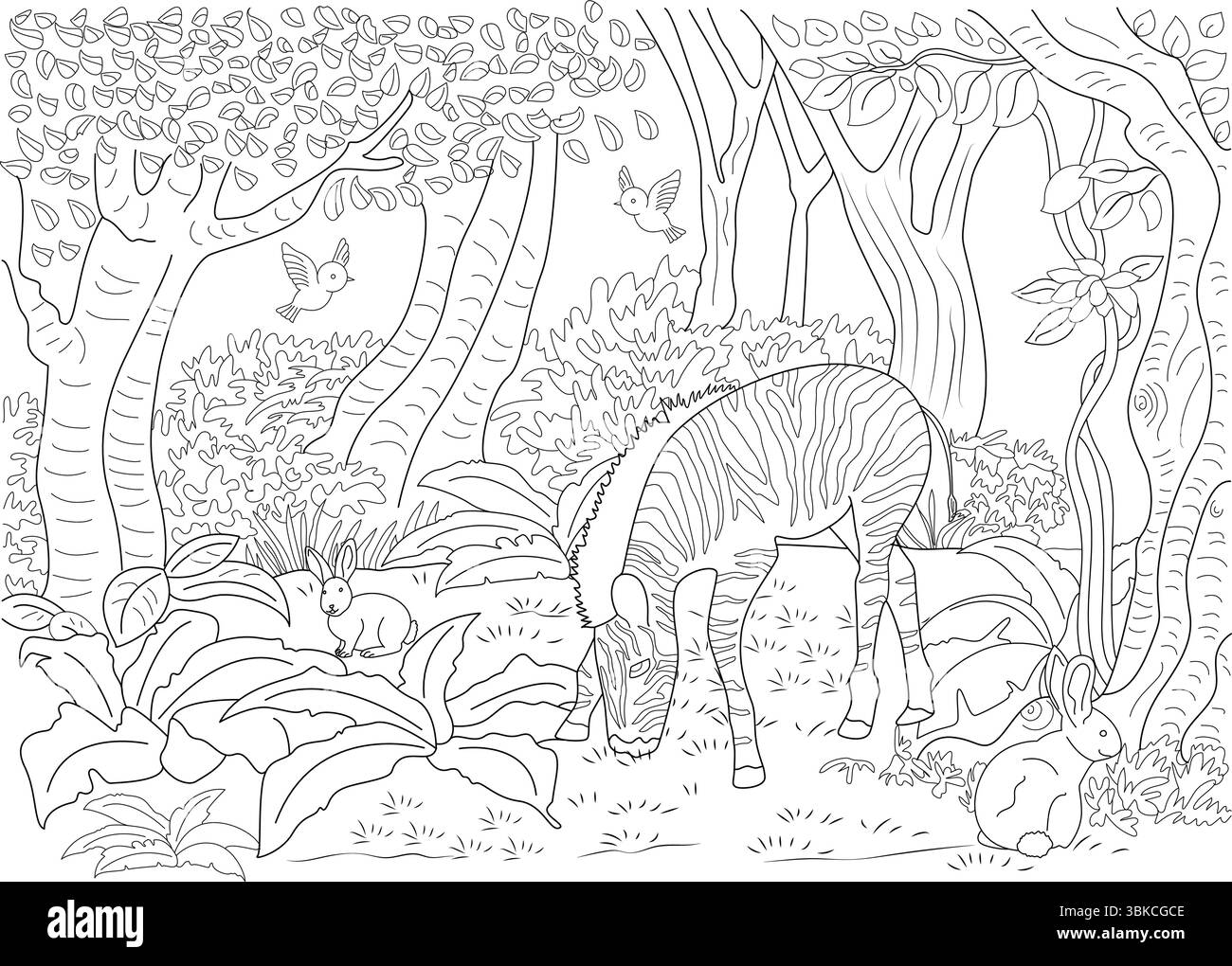 Illustrazione line art di una zebra che pascolava in un lussureggiante ambiente della giungla con conigli e uccelli, perfetta per colorare le attività dei libri. Illustrazione Vettoriale