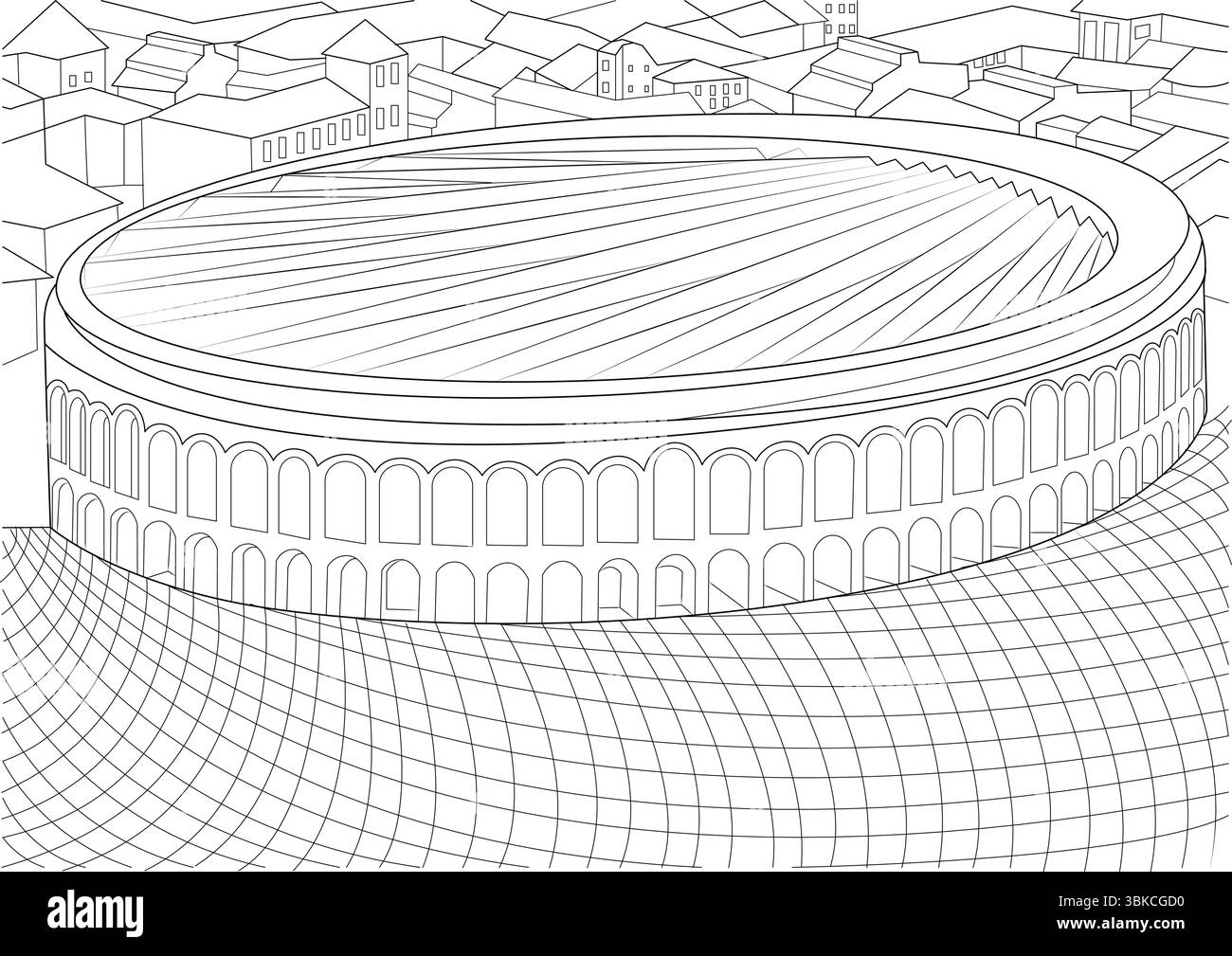 Una dettagliata illustrazione in bianco e nero della storica Arena di Verona in Italia, che mostra la sua struttura architettonica e l'edificio circostante Illustrazione Vettoriale