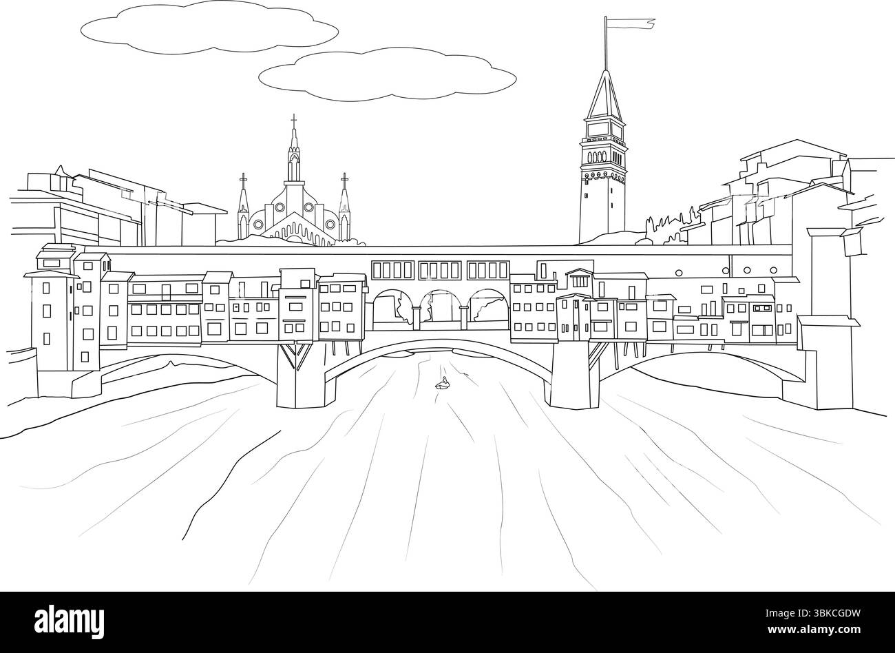 Una semplice linea in bianco e nero che disegna l'iconico Ponte Vecchio che attraversa il fiume Arno a Firenze, in Italia. La figura include Illustrazione Vettoriale