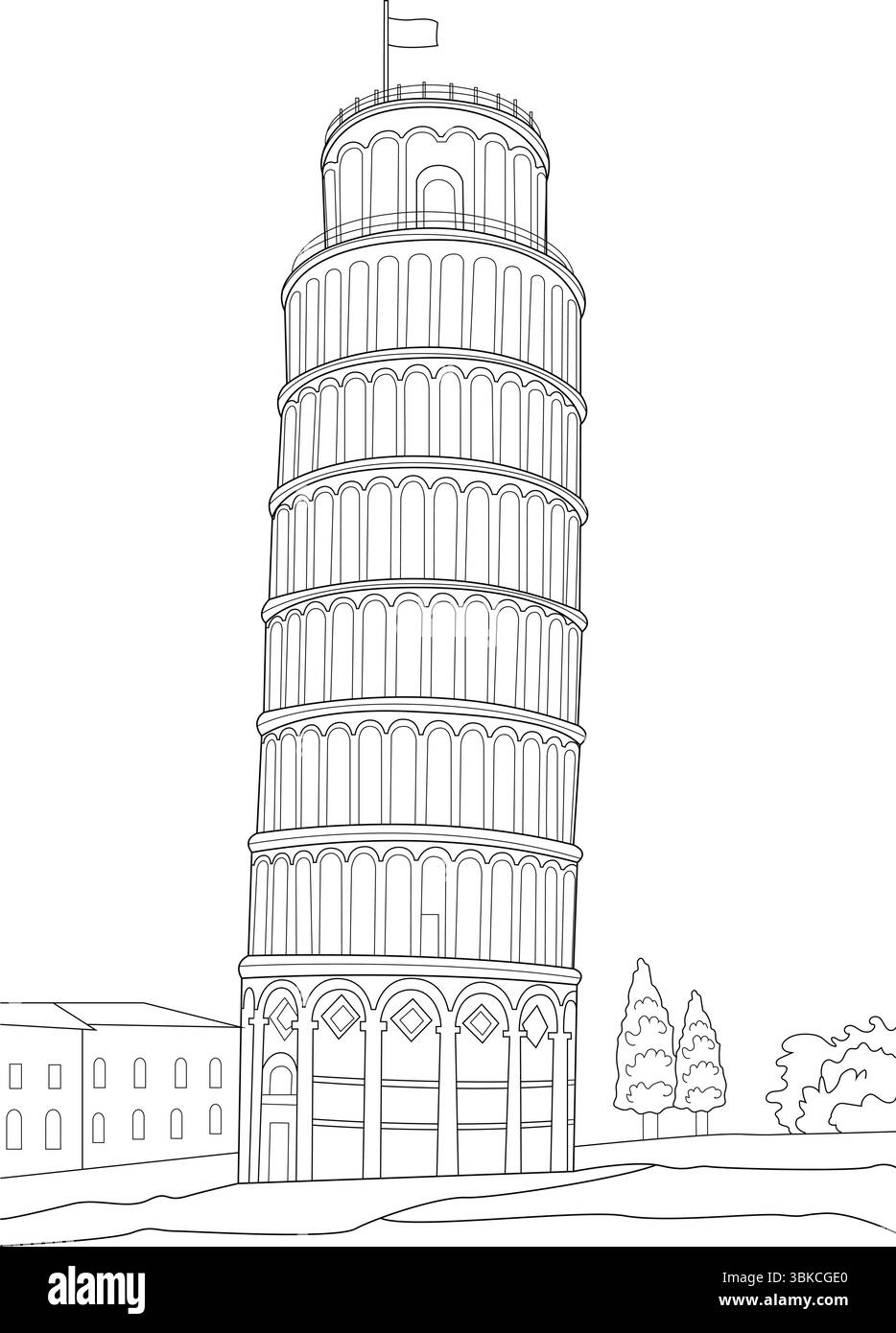 Illustrazione minimalista in bianco e nero dell'iconica Torre Pendente di Pisa in Italia, un famoso punto di riferimento storico e popolare attrazione turistica Illustrazione Vettoriale