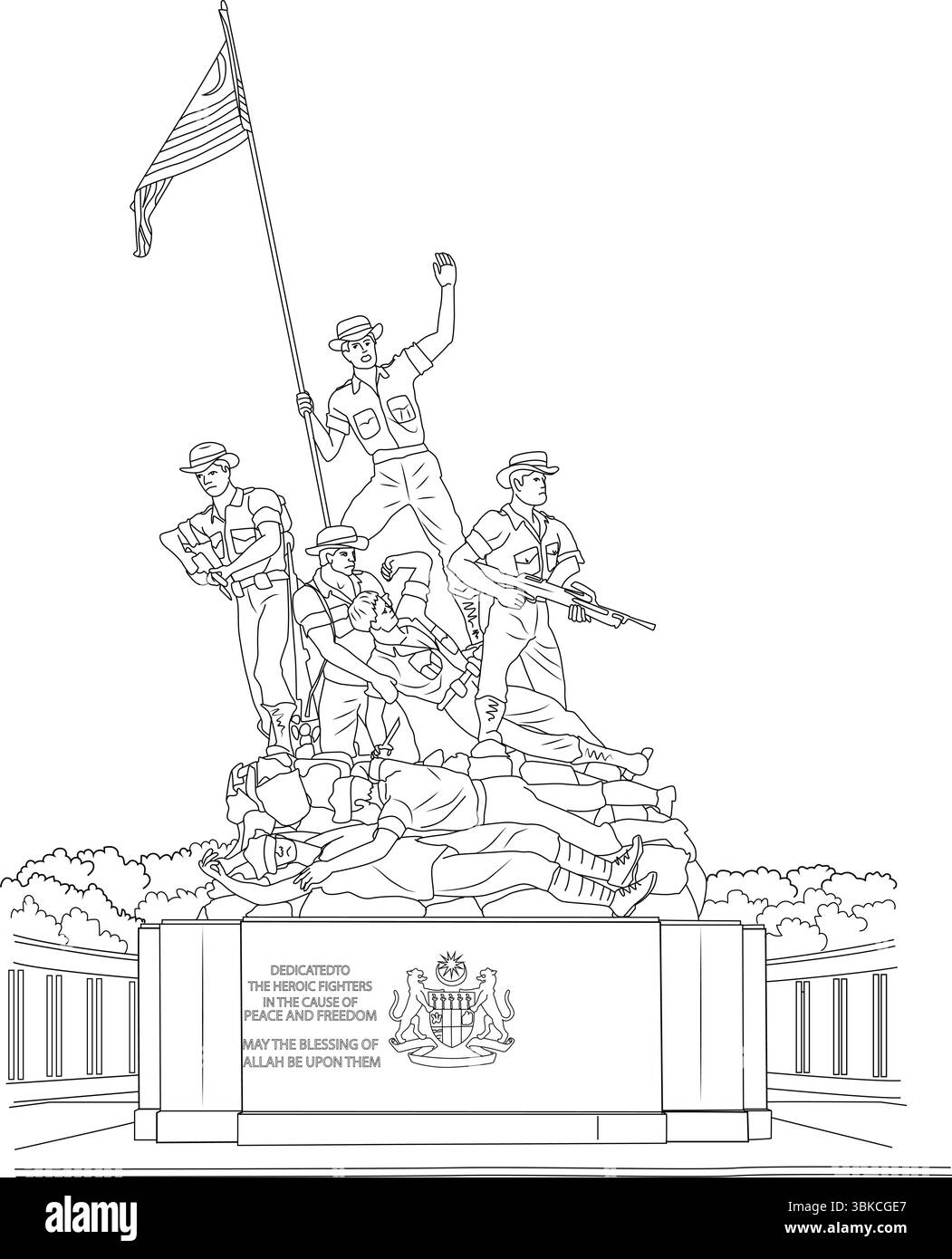 Disegno in bianco e nero del Monumento Nazionale (Tugu Negara) a Kuala Lumpur, Malesia. Raffigura un gruppo di soldati che innalzano la bandiera malese Illustrazione Vettoriale