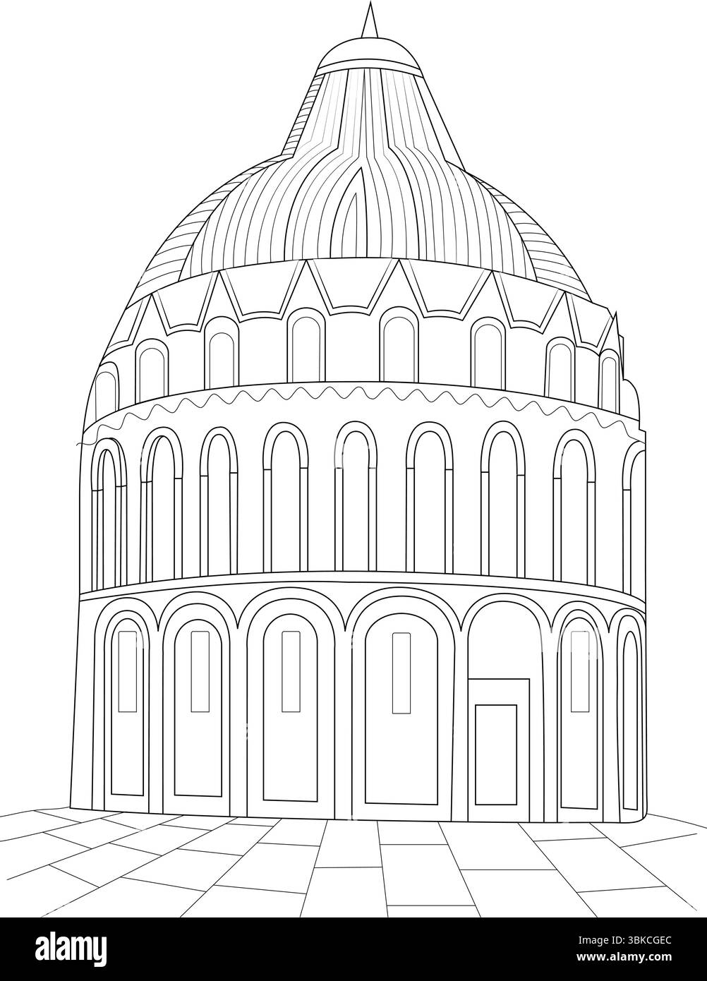 Semplice illustrazione in bianco e nero del Battistero di Pisa, situato in Piazza dei Miracoli, Italia. Schizzo architettonico. Illustrazione Vettoriale