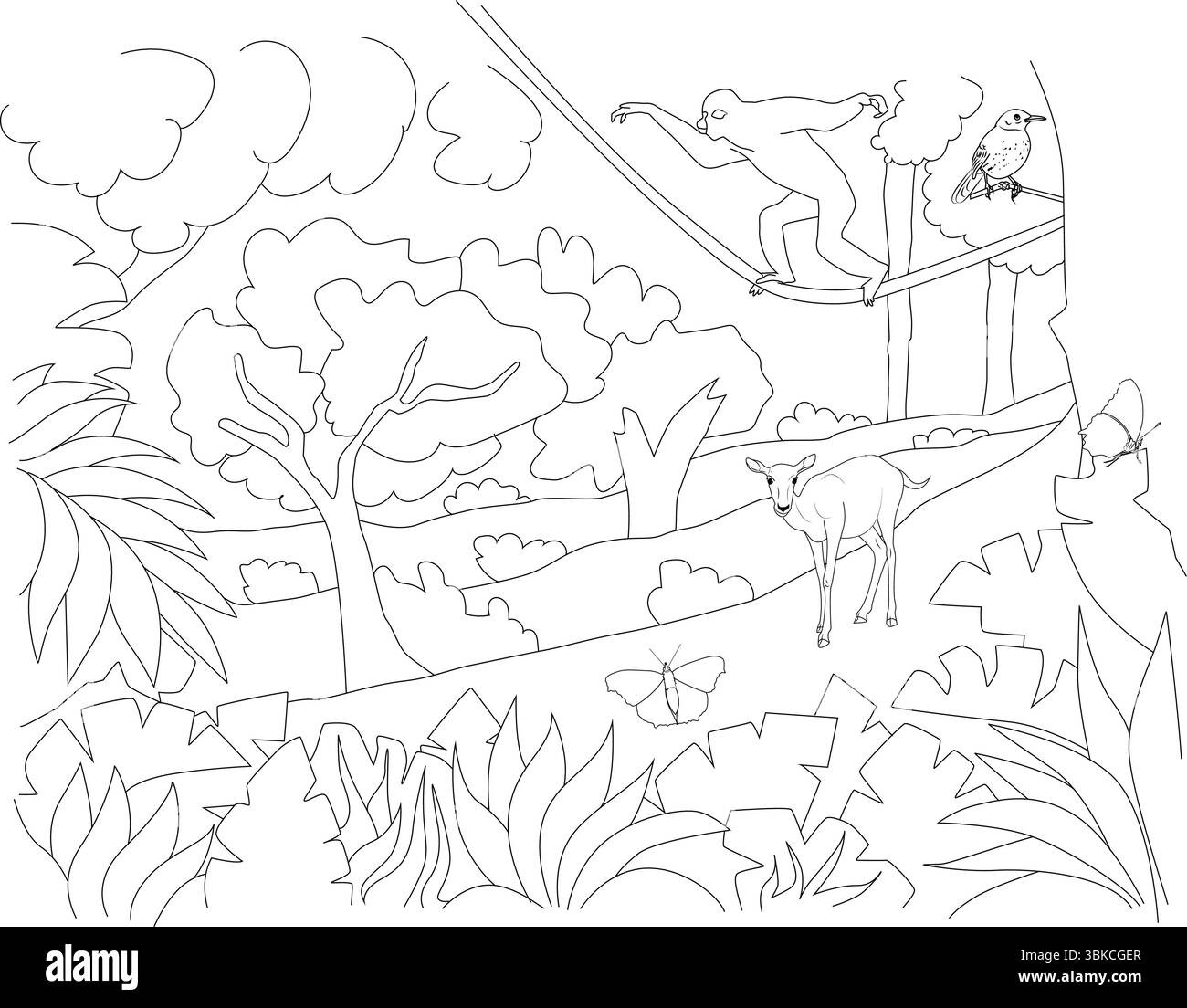 Illustrazione in bianco e nero di un vibrante paesaggio della giungla con vari animali come una scimmia che oscilla, un uccello su un ramo, un cervo, a. Illustrazione Vettoriale