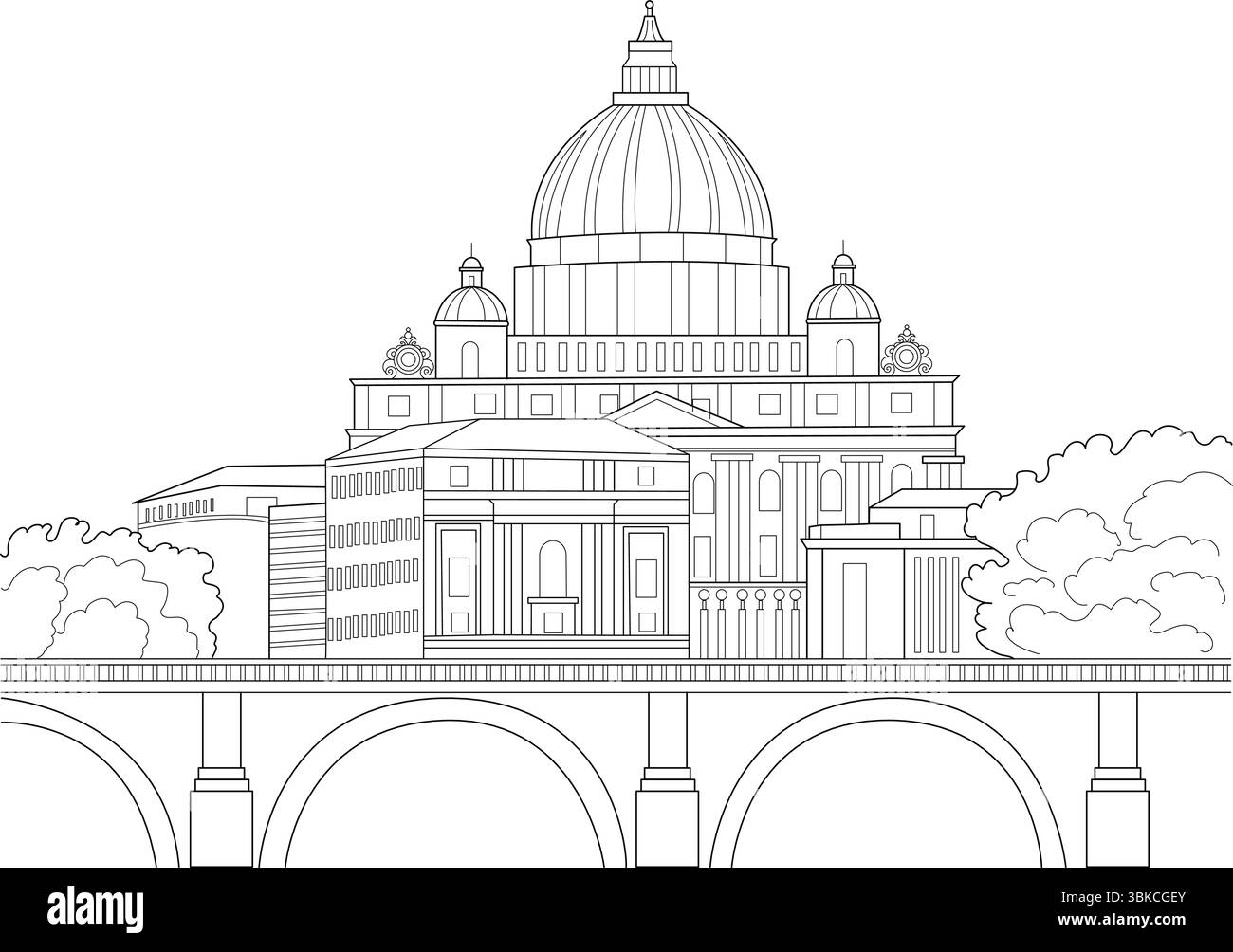 Illustrazione in linea bianca e nera della Basilica di San Pietro nella città del Vaticano, Roma, Italia. Disegno del simbolo. Illustrazione Vettoriale