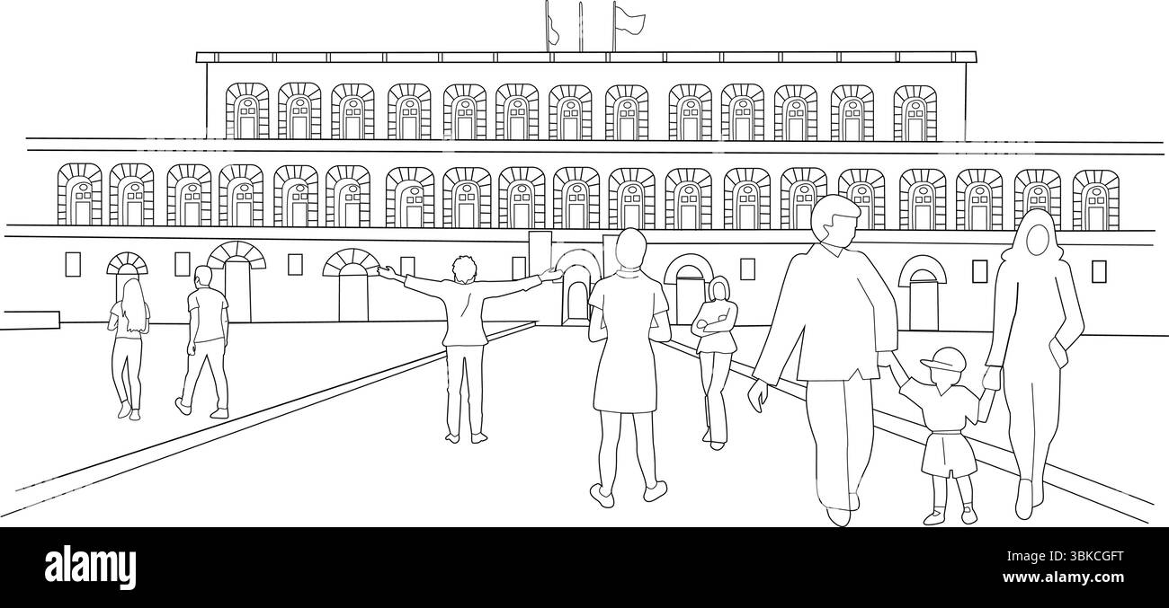 Un disegno minimalista in bianco e nero raffigurante la facciata dello storico Palazzo Pitti a Firenze. Diverse figure astratte di persone ar Illustrazione Vettoriale