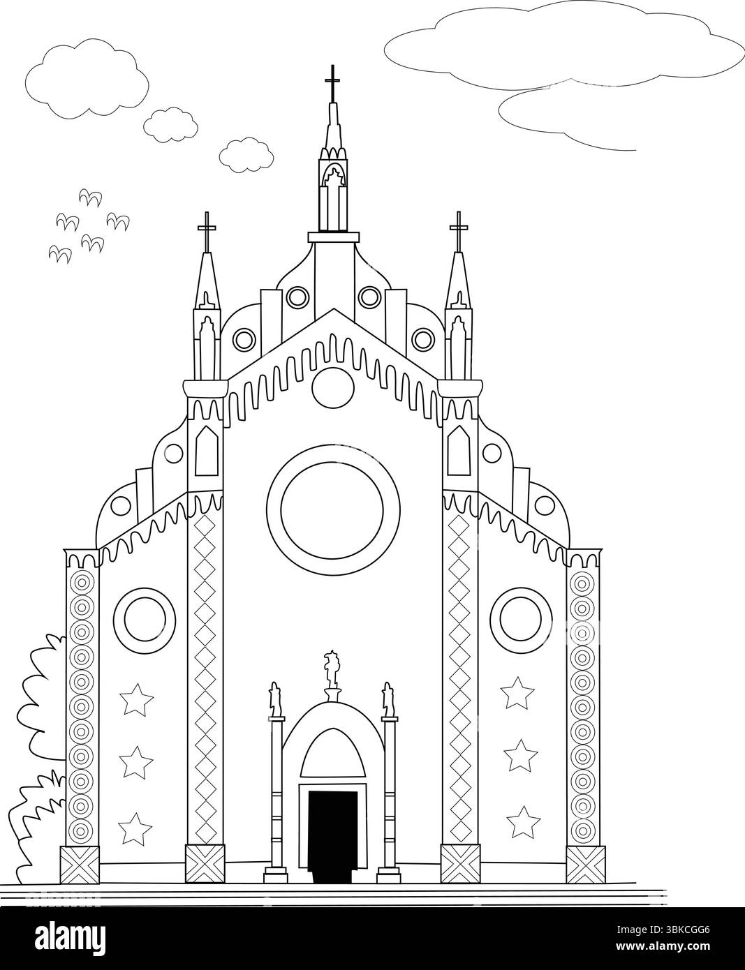 Linee bianche e nere che illustrano la famosa chiesa di Santa Maria Gloriosa dei Frari a Venezia, un significativo edificio gotico. Illustrazione Vettoriale