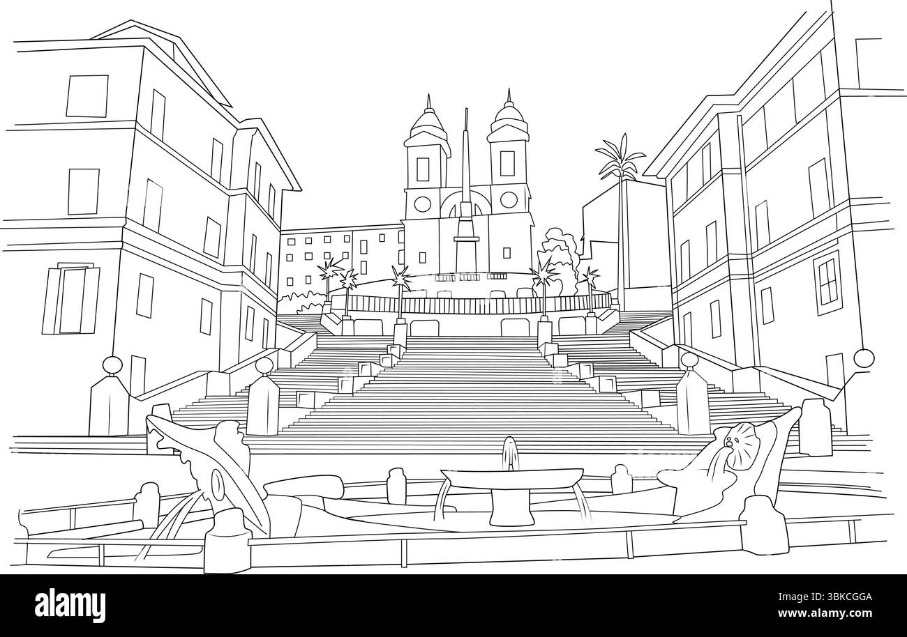 Illustrazione in line art della famosa scalinata di Trinit (Scalinata di Trinit? Dei Monti) a Roma, Italia. L'illustrazione comprende la Fontana della Barcacc Illustrazione Vettoriale