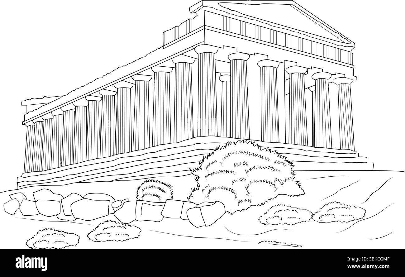Il profilo in bianco e nero illustra un antico tempio greco, probabilmente una delle strutture ben conservate che si trovano nella Valle dei Templi Illustrazione Vettoriale