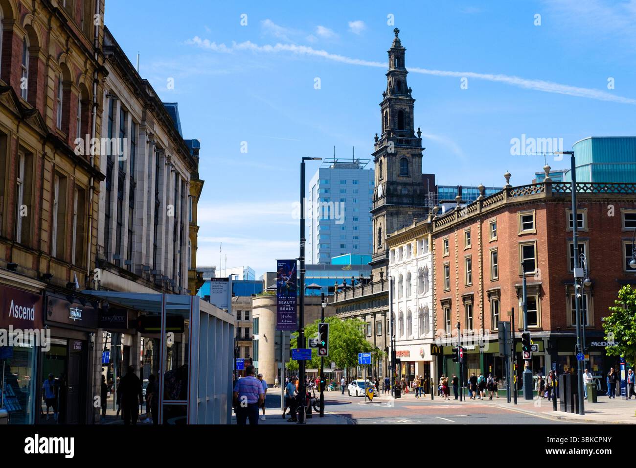 Leeds Inghilterra: 2 giugno 2024: Cinghiale in giornata di sole con la torre della chiesa della Santissima Trinità Foto Stock
