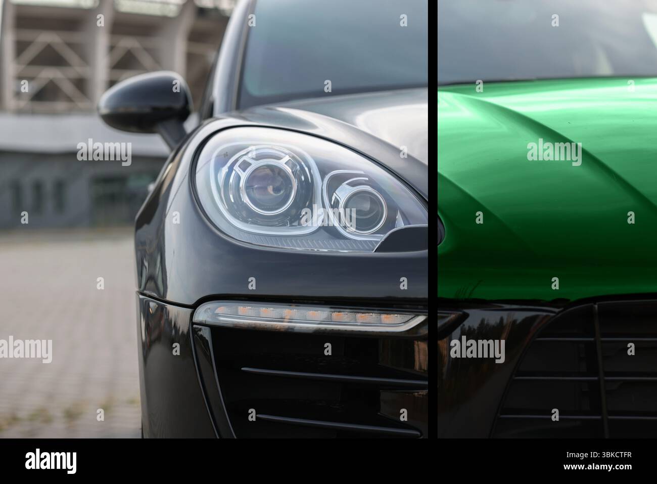Moderno nero auto prima e verde dopo aver dipinto all'aperto, primo piano. Collage comparativo di riverniciatura auto Foto Stock